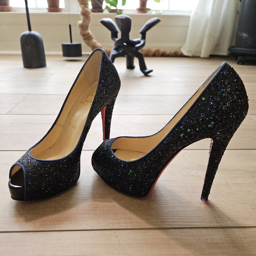 Christian Louboutin Marine Glitter Very Prive 120 Peep Toe Heels - Picture 6 of 7